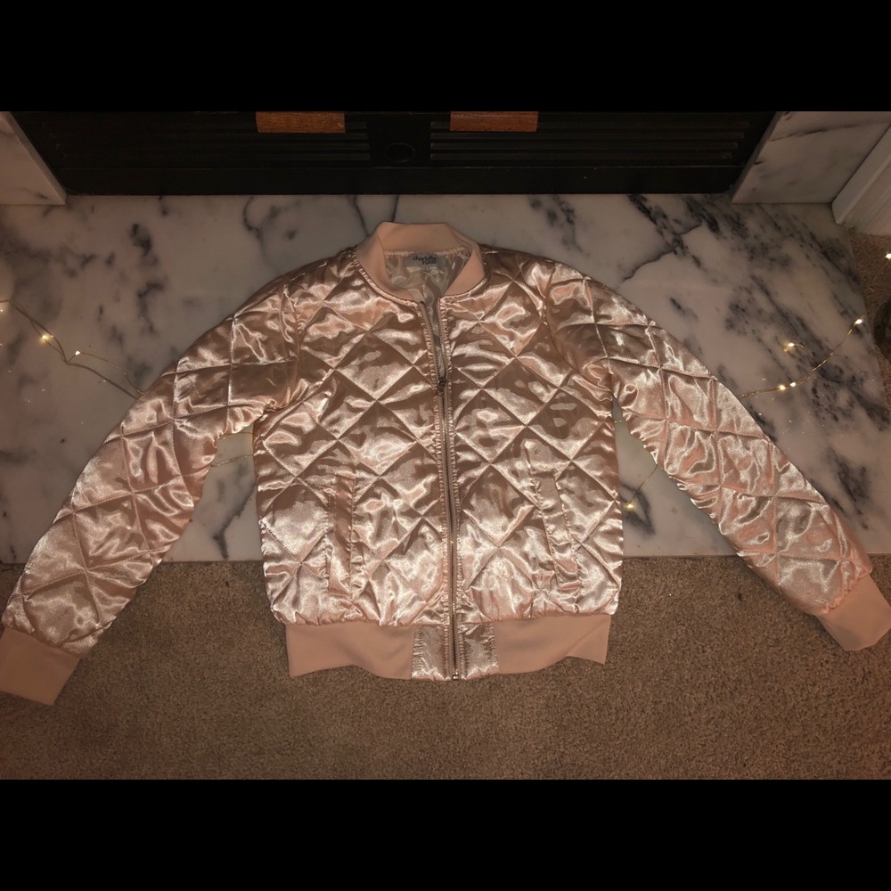 Charlotte Russe Strawberry Champagne Satin Bomber